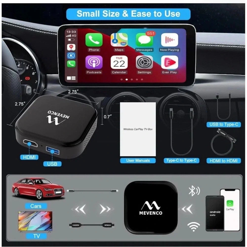 MEVENCO Wireless Carplay‎ Adapter TV-Box - Android Integrates HDMI/USB/Type-C